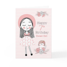 7歳の誕生日　ピンクと白の女の子と猫