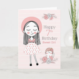 7歳の誕生日　ピンクと白の女の子と猫 カード