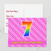 7歳の誕生日：ピンクのストライプとハート、虹色の7 ポストカード (正面/裏面)
