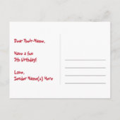 7歳の誕生日：ピンクのストライプとハート、虹色の7 ポストカード (裏面)