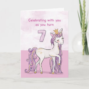 7歳の誕生日 ピンクの王冠の馬 カード