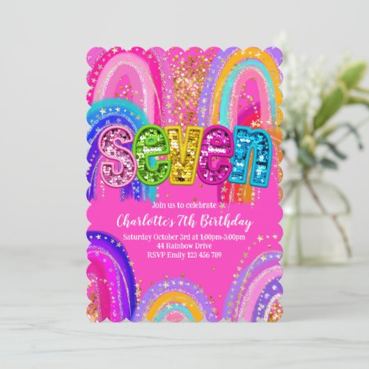 7歳の誕生日 レインボー ホットピンク パーティー招待状 招待状 (スタンド正面)