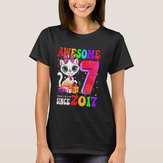 7歳の誕生日 女の子 パーティー 可愛い 猫 7歳 すごい Tシャツ (正面)