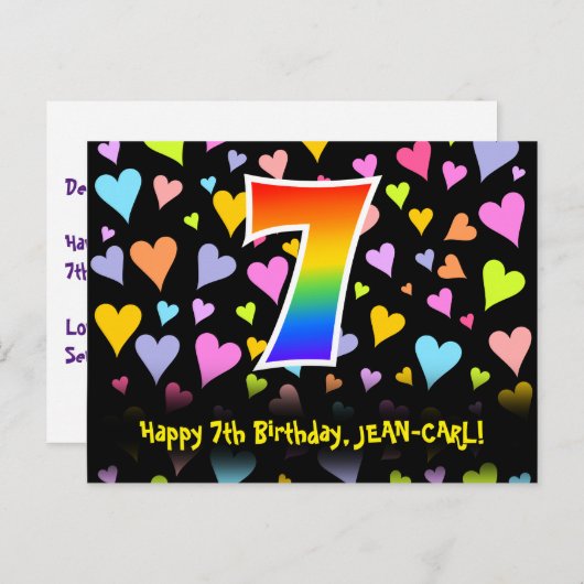 7歳の誕生日:楽しいハート柄、虹色の7 ポストカード (正面/裏面)