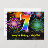 7歳の誕生日 – 楽しい花火模様 + レインボー7 ポストカード (正面/裏面)