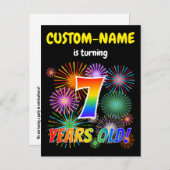 7歳の誕生日 - 楽しい花火、虹の「7」 ポストカード (正面/裏面)