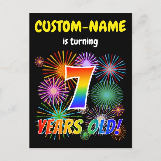 7歳の誕生日 - 楽しい花火、虹の「7」 ポストカード (正面)