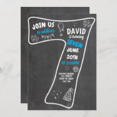 7歳の誕生日 男の子 黒板 青 数字 招待状 (正面/裏面)