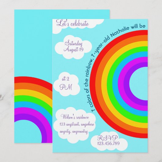 7歳の誕生日 7色の虹 招待状 (正面/裏面)