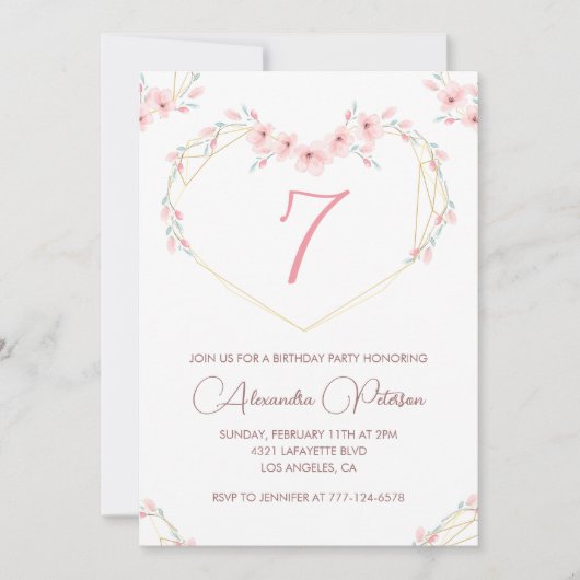 7歳エレガントの誕生日招待状ピンクフローラ 招待状 (正面)