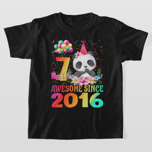 7歳7誕生日パンダユニコーンガールパーティー Tシャツ (レイダウン)