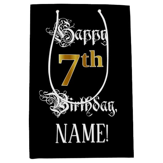 7番目の誕生日ファンシーからスクリプトフェイク;金ゴールド検索；名前 ミディアムペーパーバッグ (正面)