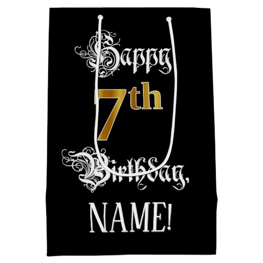 7番目の誕生日ファンシーからスクリプトフェイク;金ゴールド検索;名前 ミディアムペーパーバッグ (裏面)