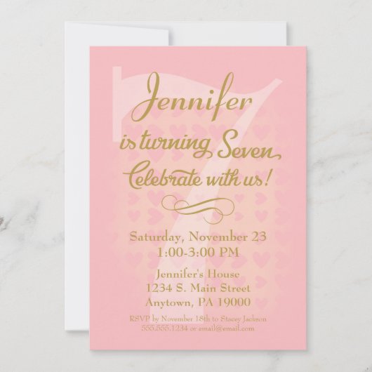 7番目の誕生日招待状ガールズピンク金ゴールドハート 招待状 (正面)