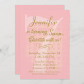 7番目の誕生日招待状ガールズピンク金ゴールドハート 招待状 (正面/裏面)