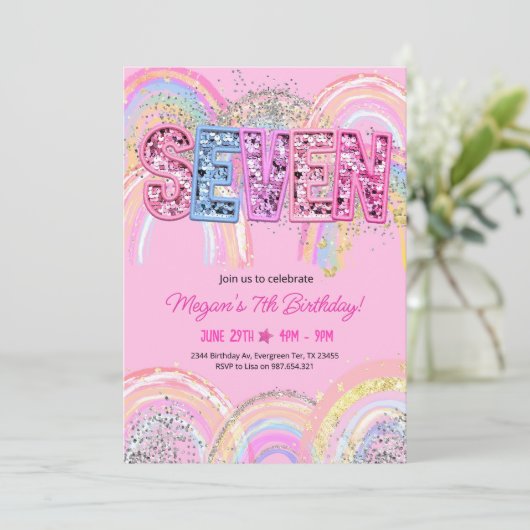 7番目の誕生日招待状ガール編集可能レインボーセク 招待状 (スタンド正面)