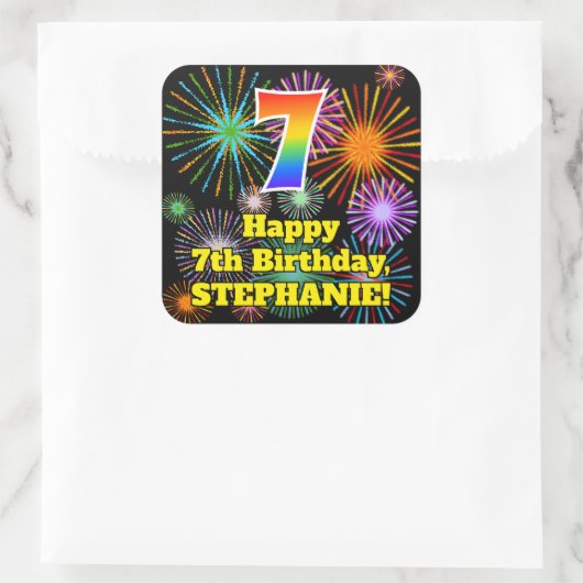 7番目の誕生日:おもしろい花火ルック、虹の数7 スクエアシール (バッグ)