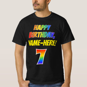 7番目の誕生日:はっきりした、おもしろい、レインボー7、名前をカスタムする Tシャツ