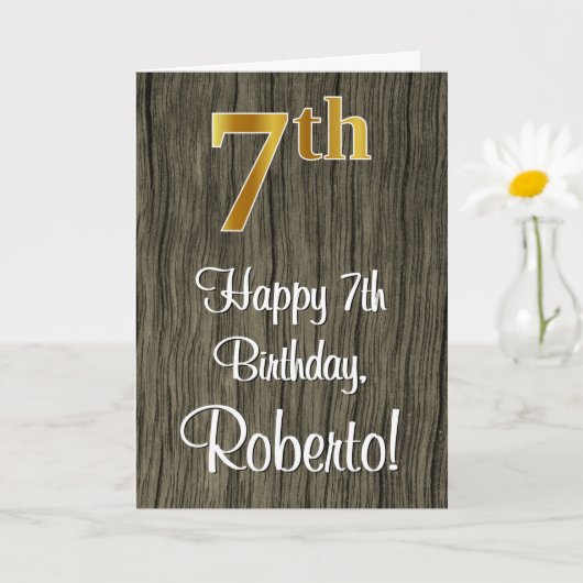 7番目の誕生日:エレガントフェイク金ゴールドルック#、フェイクWood カード (小さな植物)