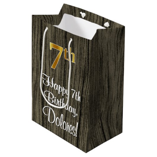 7番目の誕生日:エレガントフェイク金ゴールドルック#、フェイクWood ミディアムペーパーバッグ (正面アングル)