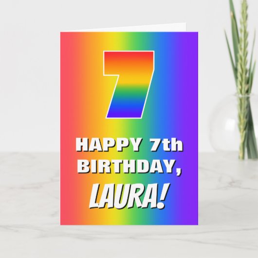 7番目の誕生日: カラフル、おもしろいレインボーパターン番号7 カード (正面)