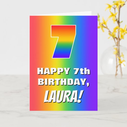 7番目の誕生日: カラフル、おもしろいレインボーパターン番号7 カード (黄色い花)