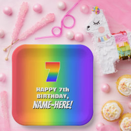 7番目の誕生日: カラフル、おもしろいレインボーパターン番号7 ペーパープレート