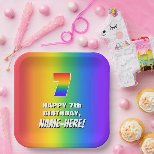 7番目の誕生日: カラフル、おもしろいレインボーパターン番号7 ペーパープレート (パーティー)