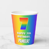 7番目の誕生日: カラフル、おもしろいレインボーパターン番号7 紙コップ (正面)