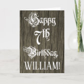 7番目の誕生日:ファンシー、エレガント文字フェイク、木目 カード (正面)