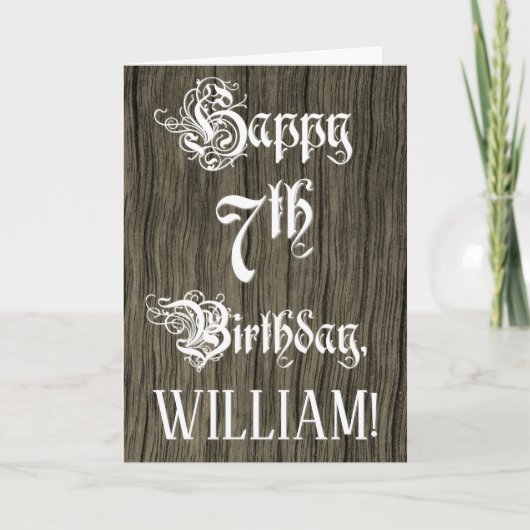 7番目の誕生日:ファンシー、エレガント文字フェイク、木目 カード (正面)