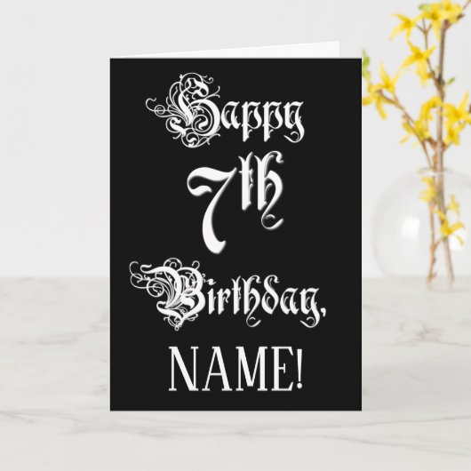 7番目の誕生日: ファンシー、スクリプエレガントト+名前をカスタムする カード (黄色い花)