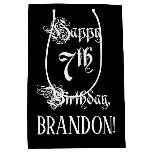 7番目の誕生日: ファンシー、スクリプエレガントト+名前をカスタムする ミディアムペーパーバッグ (正面)