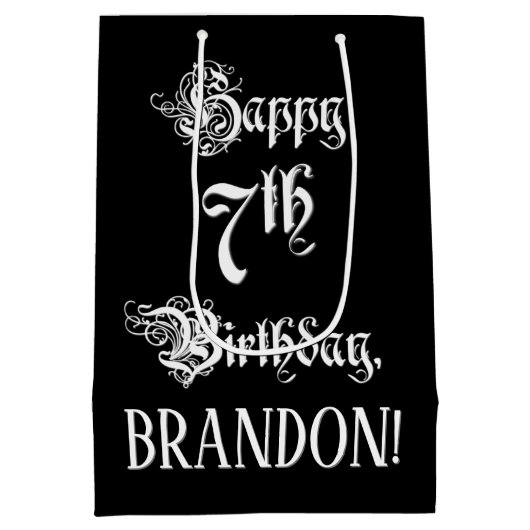 7番目の誕生日: ファンシー、スクリプエレガントト+名前をカスタムする ミディアムペーパーバッグ (裏面)