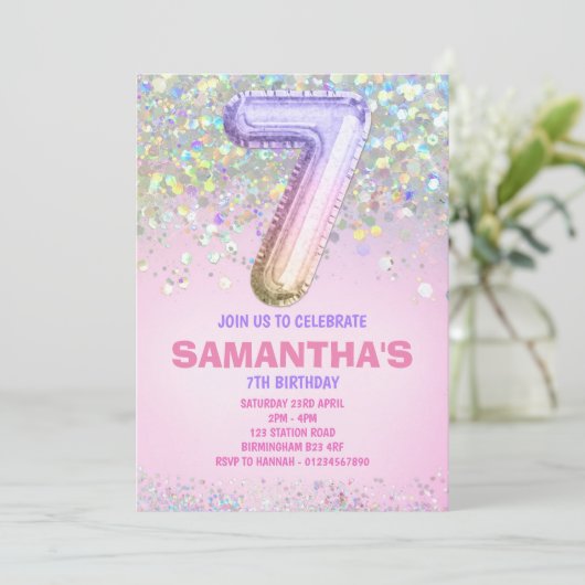 7番目の誕生日、レインボーグリッター誕生日招待状 招待状 (スタンド正面)