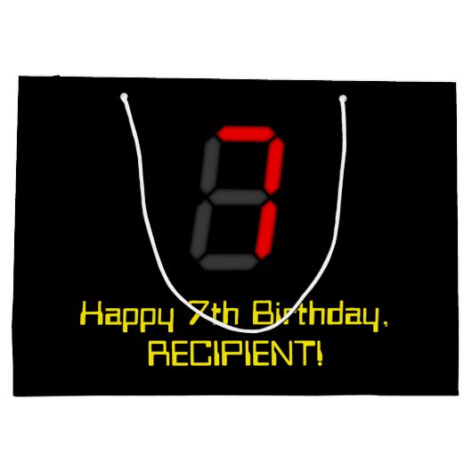 7番目の誕生日:レッドデジタルクロックスタイル"7" +名前 ラージペーパーバッグ (裏面)