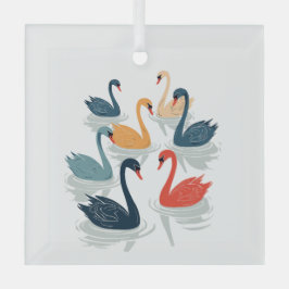 7羽の白鳥が泳ぐ切り抜きステンシルスタイル7 ガラスオーナメント
