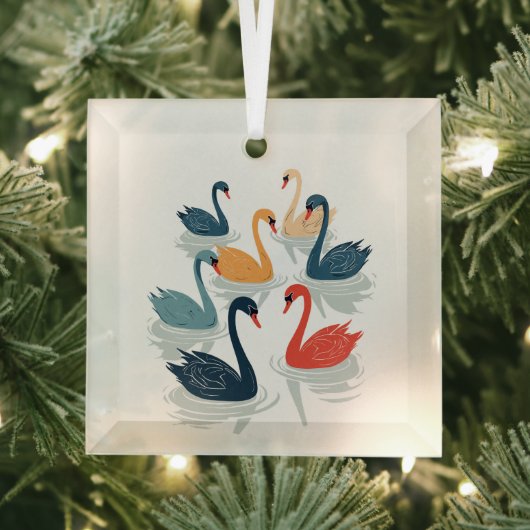 7羽の白鳥が泳ぐ切り抜きステンシルスタイル7 ガラスオーナメント (インサイチュ)