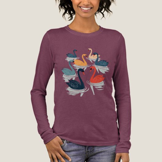 7羽の白鳥の切り絵ステンシルデザイン トライブレンドTシャツ (正面)