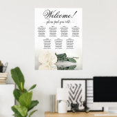 7表ホワイトローズエレガントな結婚式の座席表 ポスター (ホームオフィス)