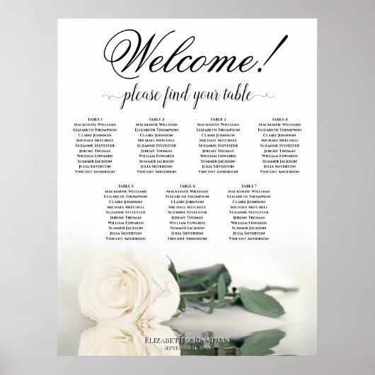 7表ホワイトローズエレガントな結婚式の座席表 ポスター (正面)