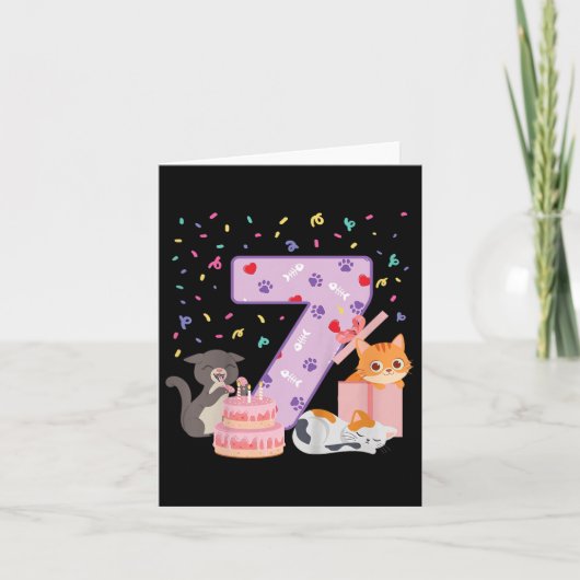 7誕生日ガールかわいい猫の洋服7歳Bday カード (正面)
