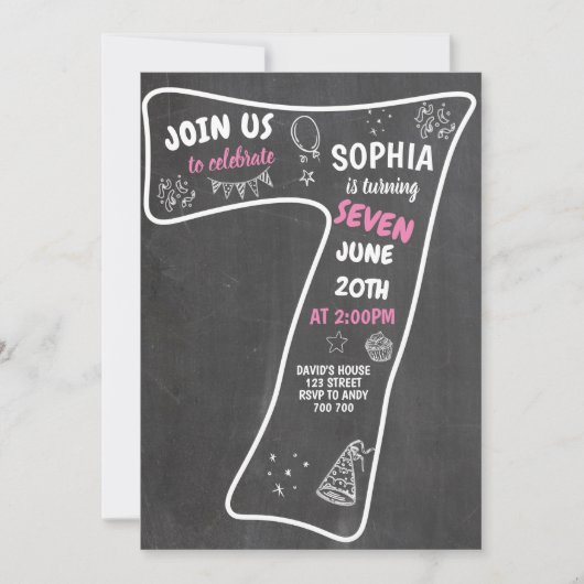 7誕生日ガールシャルボードピンク 招待状 (正面)