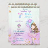 7誕生日ガールプリンセスカップケーキバルーン 招待状 (正面/裏面)