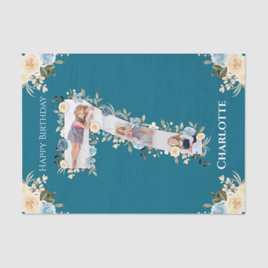 7誕生日フォトコラージュティール（緑がかった色）ブルーイエローフラワー 薄葉紙 (正面)