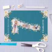 7誕生日フォトコラージュティール（緑がかった色）ブルーイエローフラワー 薄葉紙 (クラフト)