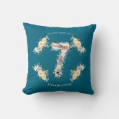 7誕生日フォトティール（緑がかった色）コラージブルーイエローフラワー クッション (正面)