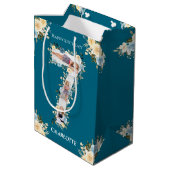 7誕生日フォトティール（緑がかった色）コラージブルーイエローフラワー ミディアムペーパーバッグ (裏面アングル)