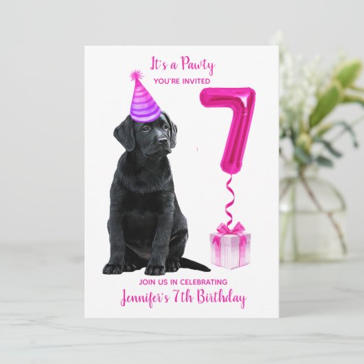 7誕生日子犬のテーマ – かわいい犬ピンクの女の子パウィティ 招待状 (スタンド正面)