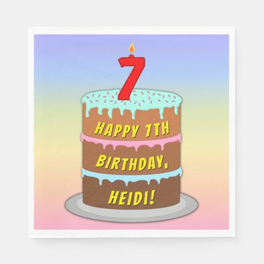 7誕生日:おもしろいケーキとキャンドル+名前をカスタムする スタンダードランチョンナプキン (正面)